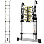 Telescopic Ladder 3.8M/12.5FT Aluminium Extension Ladder with Stabilizer Bar & Detachable Hooks, Multi Purpose Extendable Loft Ladder Portable Folding Ladder, 13 Steps, Max Load 150kg, EN131