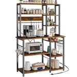 SUPERJARE Large Bakers Rack with Power Outlets, 6-Tier Microwave Stand, Coffee Bar with 12 S-Shaped Hooks, Kitchen Shelf with Wire Basket, 39.3 x 15.5 x 66.9 Inches, Vintage Brown