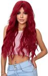 KEOYA Long Curly Red Wig for Women Synthetic Curly Hair Wig with Bangs Middle Parting Natural Looking Wavy Wigs Heat Resistant Fiber Wig for Daily Cosplay Party