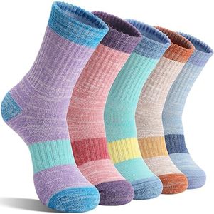 SAVALOS Merino Wool Hiking Socks for Women Thermal Warm Winter Cozy Work Crew Gifts Socks 5 Pairs Stocking Stuffers (Assorted B,L)