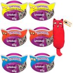 Whiskas Temptations Cat Snacks Variety Bundle | 6x Whiskas Temptations 60 g (2x Chicken n Cheese 2x Beef 2x Salmon) | 1x Pet Purpose Cat Toy Variety Pack