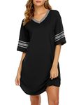 Ekouaer Women's Nightgown Cotton Sleep Shirt V Neck Short Sleeve Loose Comfy Pajama Sleepwear,Black,XL