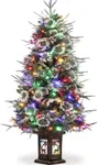 GAOMON 4.5ft Christmas Tree with 100 Multicolor Led Lights, Pre-Lit Snow Flocked Christmas Tree with Elk Potted Base, Holiday Xmas Tree with Red Berries, Festival Decoration for Home, Entrances