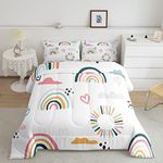 Girls Catoon Rainbow Comforter Set Pink Love Heart Bedding Set Decor Cute Cloud Comforter Kawaii Stripes Polka Dots Theme White Duvet Set Bedroom Quilt Set 3Pcs Full