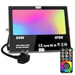 Jayool LED Floodlight Outdoor 50W 5000LM, Flood Lights Colour Changing, 120 RGB Colours- Warm White-Timing-Remote Control - 5 Modes, IP66 Waterproof, UK 3-Plug (1 Pack)