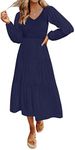 MEROKEETY Women's 2023 Casual Long Sleeve Smocked Dress V Neck High Waist Ruffle Tiered Midi Dresses, Navy, Large