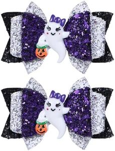 Halloween Ghost Hair Bow Clips Girls Cute Glitter Hair Clips 3 Layers Sparkly Hair Accessories for Halloween Party, Black & White & Purple