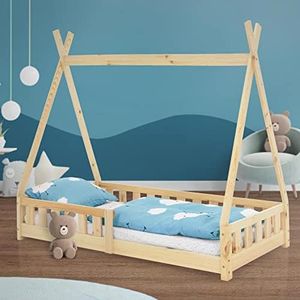 ML-Design Lettino per Bambini Design Teepee con Sponde Protezione Anticaduta Recinzione Rete a Doghe 80 x 160 cm Letto Tenda Indiana da Gioco in Legno di Pino Massiccio Naturale per Cameretta Casa