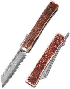 KATSU Handmade Damascus Steel Japanese Razor Pocket Folding Knife with Genuine Deer Antler Handle