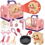 STAY GENT Interactive Dog Grooming Toys, 16Pcs Pet Care Playset with Cage & Electronic Plush Puppy, Walking Robot Dog Toy with Leash Pretend Play Gifts for Girls 3 4 5 6 Years Old