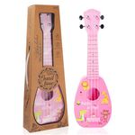 17 Inch Mini Guitar Ukulele Toy for Kids,Plastic Sear World Cartoon Children Educational Learn Guitar Ukulele with The Picks and Strap Can Play Musical Instruments Toys (Pink)