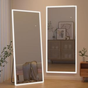 CASSILANDO 65 x 24 Inch Full Length Mirror with LED Lights, Free Standing Floor Mirror, Wall Mounted Mirror, Color Dimmable & Brightness Adjustment for Bedroom, LED, White with Stand