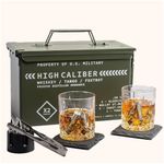 Whiskey Glasses and Whiskey Stones in Unique Tactical Box Display | Ideal Groomsmen Gifts Whiskey Gifts for Men | Bourbon Whiskey Cocktail Glasses, Slate Coasters and Tongs? (with Whiskey Stones)