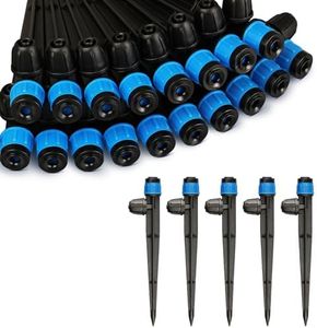 Kepmix 50PCS Drip Irrigation Emitters Fittings: Adjustable Irrigation Sprayer for 1/4 inch Drip Tubing Full Circle Vortex Stream Dripper on 5" Arrow Stake Barbed Locked Nuts Connectors