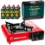 GREEN HAVEN Portable Camping Gas Stove with Carry Case & 4 Butane Gas Canisters – 2100W Table Top Cooker with Piezo Ignition, Adjustable Heat Control & EN417 Compliance