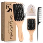 Hair Brush, 2 Pack Boar Bristle Paddle Hairbrush for Women Men Kids Reducing Frizzy, No More Tangle, Small Travel Brush Tail Comb & Giftbox Included