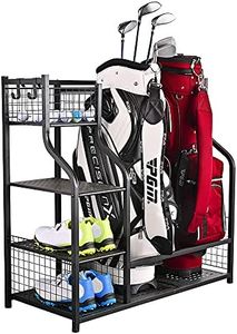 SNAIL Golf Bag Garage Storage Organizer Extra Large Size Golf Bag Rack Stand Holder Fits 2 Golf Bags and Other Golfing Equipment Accessories, Metal Black Golf Club Storage for Garage Shed and Basement