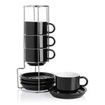 Sweejar Home Porcelain Cappuccino Cups with Saucers and Metal Stand, 230ml Stackable Espresso Cups for Specialty Coffee Drinks, Latte, Americano, Tea - Set of 4 (Black)