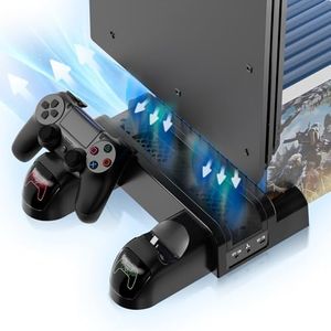 Stand Cooling Station Fan for PlayStation 4 Slim Vertical Charging Station with Dual Controller Charger Stand with USB Port & 12 Games Slots Cooling Fan 4 in 1 Accessory for for PS4 pro