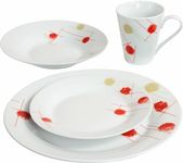 16pc Dinnerware Set - 4 Porcelain with 4 Bowls, 4 Mugs, 4 Side Plates and 4 Dinner Plates - Microwave and Dishwasher Safe - Cereal Bowls, Desserts, Lunch (Red and Cream)