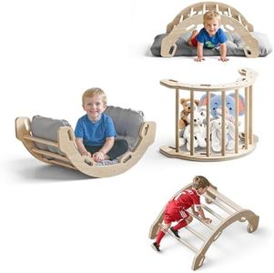 COSYLAND Kids Climber Arch Rocker with Cushion,Wooden Indoor Pikler Climbing Toys for Toddler with 4 Handrails On Each Side,Paintless Indoor Playground Arch Climbing Ladder (Natural)