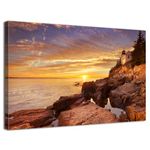 Bass Harbor Lighthouse Canvas Wall Art Acadia National Park Poster Wall Decor Sunset Ocean Landscape Prints Pictures Modern Nature Seascape Artwork for Living Room Office Home Decoration 12x16"