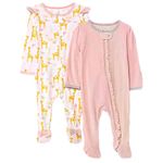 TuddyBuddy Baby Girl's Cotton Printed Full Sleeves Zipper Sleepsuit/Footed Rompers for Baby Girl (0 Months-3 Months, Giraffe AOP & Pink Rib)