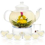 Glass Teapot Set, 27OZ/800ML Stovetop Safe Glass Tea Kettle with 6 Small Double Wall Tea Cups & Loose Tea Infuser & Tea Warmer, Microwave & Dishwasher Safe Tea Maker, Blooming Tea Gift Set For Women