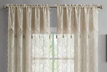 ASATEX Pair of Gold Linen Color 54” Wide x 96” Long Semi Sheer Lace Curtain Panels with Attached Matching Valances & 6 Tassels. Designer Drapes for Living Room, Kitchen or Bedroom. LUN 54” x 96” Linen