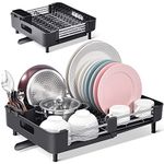 kingrack Extendable Dish Draining Rack, Stainless Steel, Foldable Dish Draining Rack with Removable Cutlery Holder and Anti-Scratch Holder, Adjustable Dish Draining Rack with Drainage Spout, Black