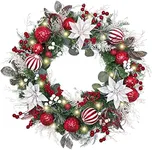 Valery Madelyn 24'' Pre-Lit Christmas Wreath for Front Door with Light, Large Lighted Outdoor Christmas Wreath with Red White Xmas Balls & Flower for Home Porch Fireplace Window Holiday Party Decor