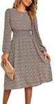 FEOYA Women's Floral Dress Long Sleeve Printed Midi Dress Casual Flower Print Dresses Round Crew Neck Flowy Dress Mid Length A Line Swing Dress Smocked Waist Beach Autumn Winter Spring 05 Brown M