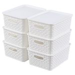 Obstnny Plastic Woven Storage Basket with Lid, Small Kitchen Cupboard Baskets, White, Set of 6