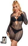 ohyeahlady Womens Plus Size Lingerie Sets Soft Stretchy Fishnet Babydoll with Long Sleeve Shawl Striped Mesh Chemise Sleepwear Sexy Outfit Dress Up Nightwear Black Size 3XL-5XL