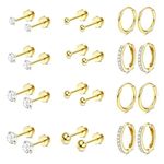 Jstyle Hypoallergenic Surgical Steel Earrings for Sensitive Ears 14K Gold Flat Back Earrings for Women Men Small Stainless Steel Earrings Flatback Stud Hoop Cartilage Earring Set for Multiple