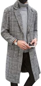 Uaneo Men's Casual Notch Lapel Single Breasted Plaid Mid Long Trench Pea Coat (Gray, Medium)
