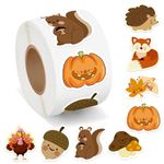 Kirako 600Pcs Fall Stickers Roll of 8 Cute Pumpkin Maple Leaves Animals Self Adhesive Labels Decals Seasonal Harvest Envelope Seals Scrapbooking DIY Crafts Decor Thanksgiving Autumn Party Favors Gift