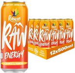 Rubicon RAW 12 Pack Orange & Mango 500ml Energy Drink, 20% Real Fruit Juice, High caffeine with B-Vitamins, Ginseng & Guarana, No Artificial Colours or Flavours, Reduce Tiredness & Boost Energy