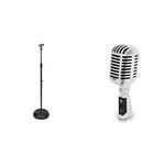 Pyle Microphone Stand Height Adjustable + Pyle Classic Retro Vintage Style Dynamic Vocal Microphone (Silver)