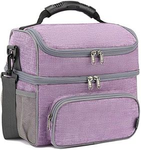 FlowFly Double Layer Cooler Insulated Lunch Bag Adult Lunch Box Large Tote Bag for Men, Women, With Adjustable Strap,Front Pocket and Dual Large Mesh Side Pockets, Purple, Large, Transitional