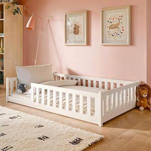Cama Infantil de Suelo de 120 x 200 cm, Cama con protección anticaída y somier de láminas, Cama para niños, Cama Individual | Madera de Pino Blanco Maciza