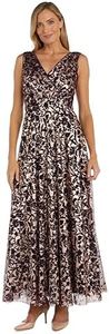 R&M Richards Long V-Neckline Pleated Print Cocktail Dress, Plum Gold, 10