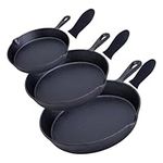Pre-Seasoned Cast Iron 3 Piece Skillet Bundle, Frying Pan Camping Cookware 6” + 7.5” + 10” Set of 3 Heavy Duty Cast Iron Frying Pans, Stove Top, with Heat Resistant Silicone Handle Holders