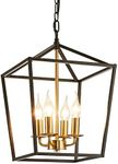 4-Light Black and Gold Farmhouse Chandelier, Industrial Ceiling Light Pendant Light with Metal Cage Adjustable Height Rustic Hanging Light E12 Base for Kitchen Island,Dining Room,Entryway,Indoor