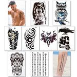 8 Sheets Temporary Transfer Tattoos Transfers For Guys Men Boys & Teens - Fake Stickers For Arms Shoulders Chest Back Legs Tribal Cyborg Skull Owl Wolf Tattoo For Halloween - Realistic Waterproof