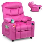 GYMAX Kids Sofa Chair, Velvet Children Recliner Armchair with Adjustable Backrest & Footrest, Padded Headrest & Armrest and Cup Holders, Upholstered Toddler Lounge Chair for Boys Girls (Pink)