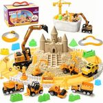 Fweir Sand Construction Kit, 2.2lbs Play Sand with Sandbox, 1 Toy Mat 8 Alloy Construction Trucks Race Tracks 10 Sand Molds Sensory Bin Toys for Toddlers Boys Girls Ages 3-8