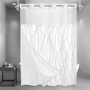 LXBNI No Hook Grey Shadow Striped Long Shower Curtain with Snap in Fabric Liner Set - Hotel Shower Curtain and Liner Set with See Through Mesh Top Window,Machine Washable, 71x86 INCH