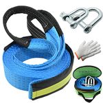 Tow Rope 5mx5cm, Heavy Duty Recovery Towing Strap 8 Ton (17,600 lbs), with Reflective Strip, 2 Anti-Proof Gloves, 2 Safety Hooks, High Strength Towing Strap for Car, Truck, Off-Road