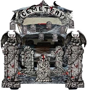 PLULON 23 Pcs Halloween Trunk or Treat Car Decorations Tombstone Trunk or Treat Decorations for SUV with Spider Web Fabric Halloween Hanging Swirl Kit Outdoor Car Decoration for Archway Garage Window